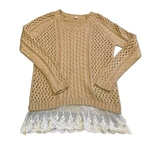​POL Cable Knit Open Stitch Lace Hem Tunic Sweater L